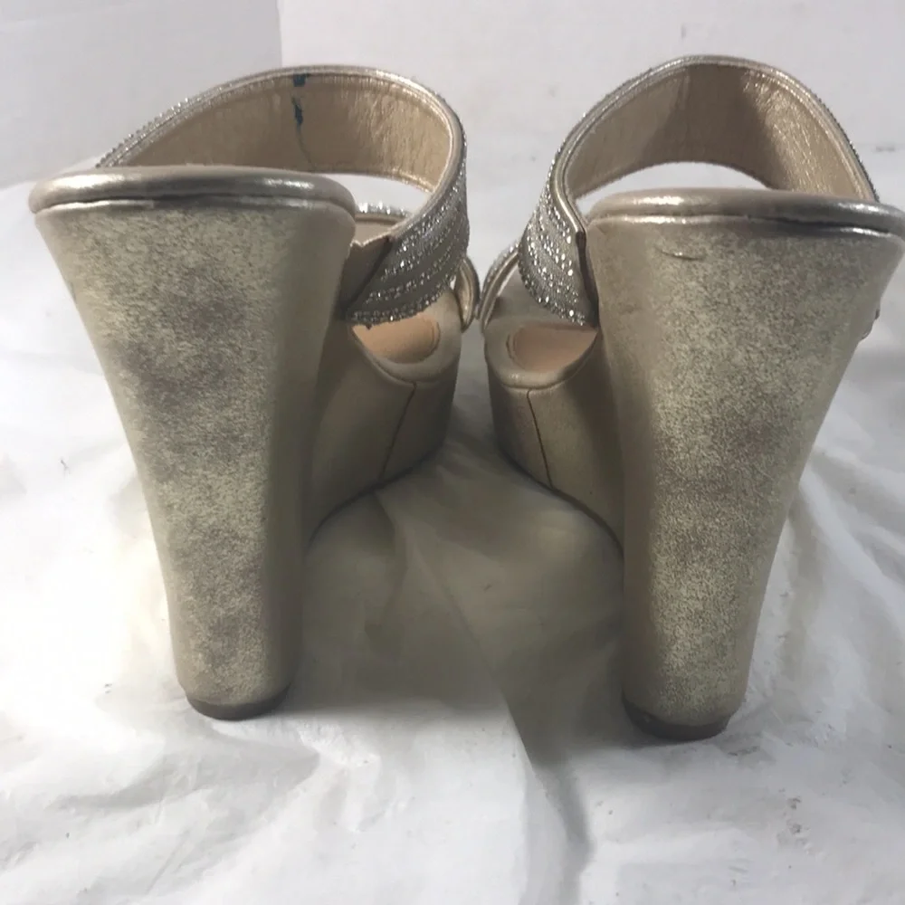 Daisy Fuentes Women’s Metallic Gold High Wedge Sandals with Rhinestone Accents - Picture 3 of 9